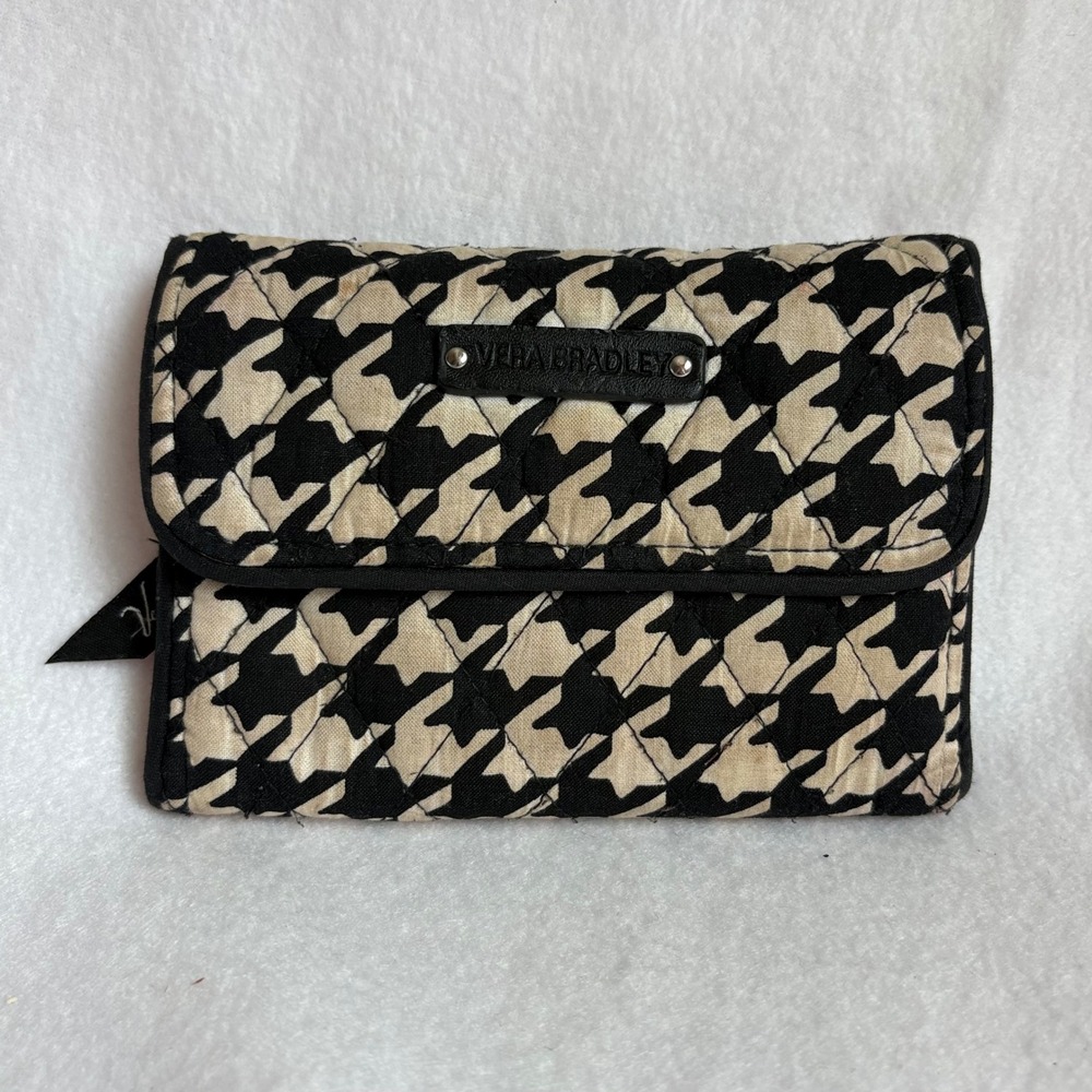 Vera Bradley Trifold Wallet Black Cream Houndstooth Quilted Cotton